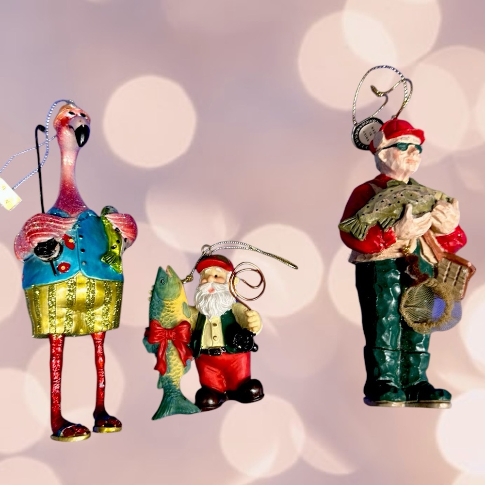 1990’s Vintage Christmas Ornament bundle 6” Flamingo 3” Santa 5” fisherman